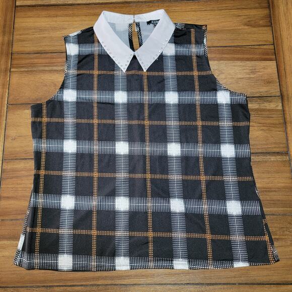 AUW Tops - AUW Black Brown & White Plaid Sleeveless Blouse w/ Bling Collar - Size XL*